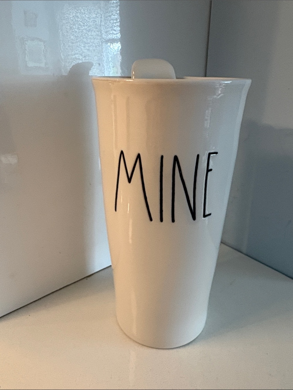 Rae Dunn White Ceramic Travel Mug with 'MINE' Text
